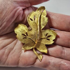 Vintage Brooch - Pin Gold Tone BSK Maple Leaf, Brushed Gold Signed